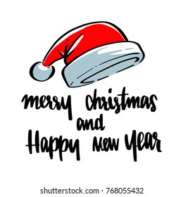 Santa hat with Merry Christmas & happy new year lettering calligraphy, illustration vector greeting and invitation card design.