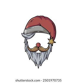 Santa hat with mustache and beard vector cartoon temp[ate design illustration. Santa mask for photo or camera filter mockup, stiker, vector web.