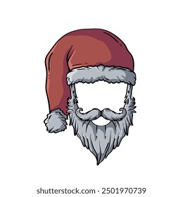 Santa hat with mustache and beard vector cartoon temp[ate design illustration. Santa mask for photo or camera filter mockup, stiker, vector web.