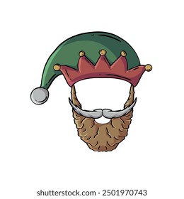 Santa hat with mustache and beard vector cartoon temp[ate design illustration. Santa mask for photo or camera filter mockup, stiker, vector web.