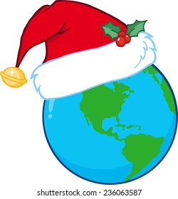 Santa Hat On A Earth. Vector Illustration Isolated on white