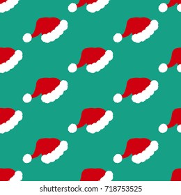 Santa hat pattern on the green background. Vector illustration