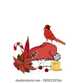 Santa hat, poinsettia, sweet cane and red bird. Christmas, New Year illustration for design of invitations, greeting cards, packaging, banners.Hand drawing, isolated