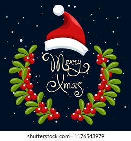 Santa hat poster. Merry christmas decoration banner with text and xmas graphics border vector illustration