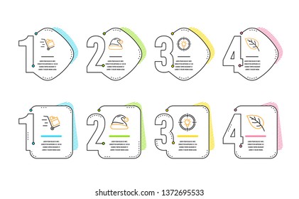 Santa hat, Push cart and Idea icons simple set. Leaf sign. Christmas, Express delivery, Solution. Environmental. Infographic timeline. Line santa hat icon. 4 options or steps. Vector