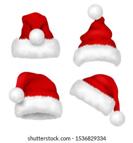Santa hat. Red velvet christmas santa traditional hat with fur vector collection isolated