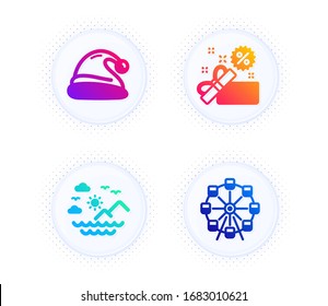 Santa hat, Sale and Sea mountains icons simple set. Button with halftone dots. Ferris wheel sign. Christmas, Gift box, Summer travel. Attraction park. Holidays set. Vector