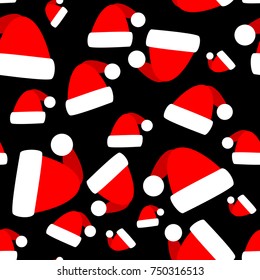 Santa Hat seamless vector pattern. Santa hats in traditional holiday colors of red and white, over a black background. Flat color artwork style, hand drawn