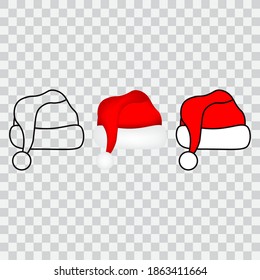 Santa hat set, cartoon style with outline, vector illustration.
