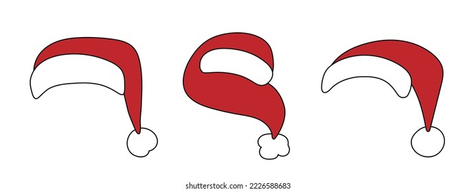 Santa hat set, festive headdresses for the New Year and Christmas. Simple winter traditional design for decoration. Simple doodle style. Editable stroke. Isolated.Vector illustration