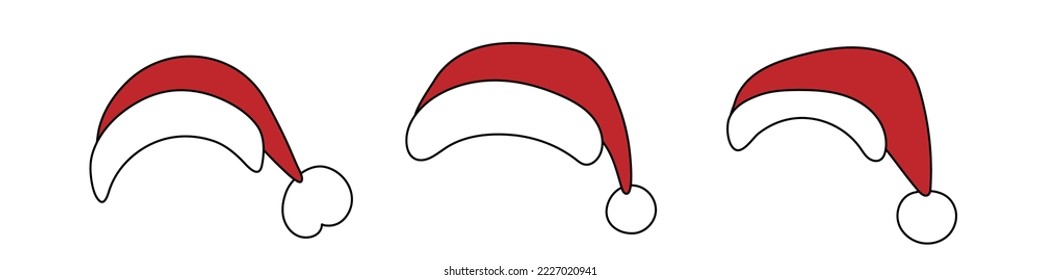 Santa hat set, festive headdresses for the New Year and Christmas. Simple winter traditional design for decoration. Simple doodle style. Editable stroke. Isolated.Vector illustration