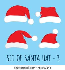 Santa hat set on blue background. Vector Santa red hat. Flat vector illustration Santa hat. Red Santa hat isolated on blue.