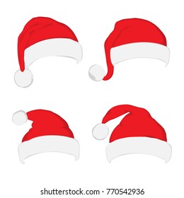 Santa hat set on white background. Vector Santa red hat. Flat vector illustration Santa hat. Red Santa hat isolated on white.