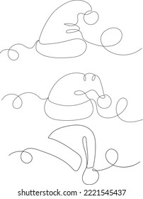 santa hat set one continuous line drawing, isolated, vector