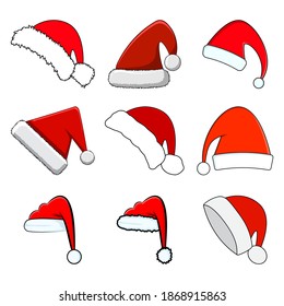 Santa Hat Set. Red Santa Claus Cap Collection Isolated On White Background. Cartoon Drawing For December Holiday Greeting Card. Christmas Vector Illustration. Winter Group Of Icons And Symbols. 