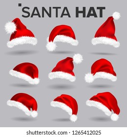 Santa Hat Set Vector. Santa Claus Holiday Red And White Cap Colllection. Winter Christmas Design. Isolated Realistic Illustration