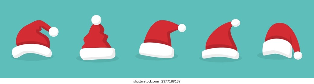 Santa hat with shadow in a flat design. Santa Claus cap icons. Christmas Santa hat collection. Cartoon red hats icon. Santa hat for New Year