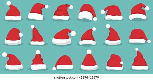 Santa hat with shadow in a flat design. Santa Claus cap icons. Christmas Santa hat collection. Cartoon red hats icon. Santa hat for New Year