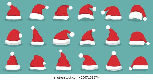 Santa hat with shadow in a flat design. Santa Claus cap icons. Christmas Santa hat collection. Cartoon red hats icon