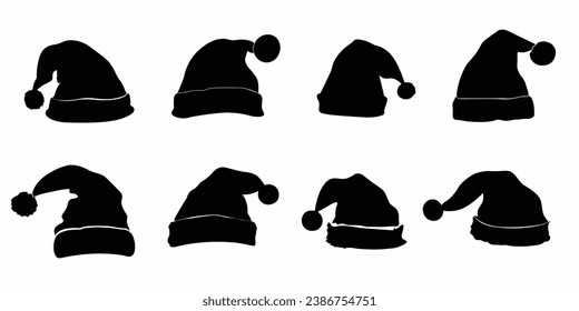 Santa hat silhouettes set. Silhouettes of Santa hats. Vector illustration