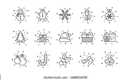 Santa hat, Snowflake and Gift box. Christmas line icons. New year linear icon set. Geometric elements. Quality signs set. Vector