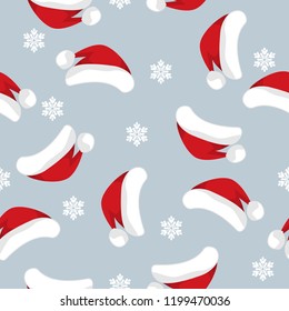 Santa hat with snowflakes seamless pattern on light gray background. Design for winter holidays season greeting wrapping papers etc. Vector illustration.