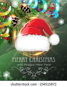 Santa Hat with sparkles and fir branches on green background