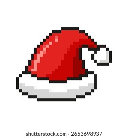 Santa Hat templates in pixel art style. Red and white festive silhouette. Christmas, holiday, labels. Isolated on white background.