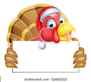 A Santa hat Thanksgiving or Christmas cartoon turkey holding a sign