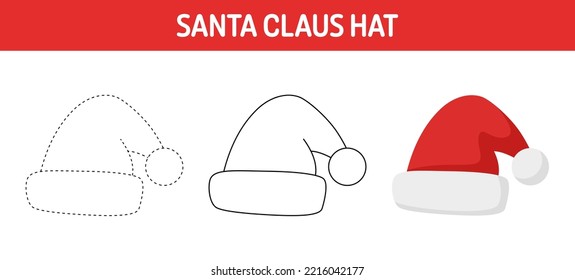 Santa Hat tracing and coloring worksheet for kids
