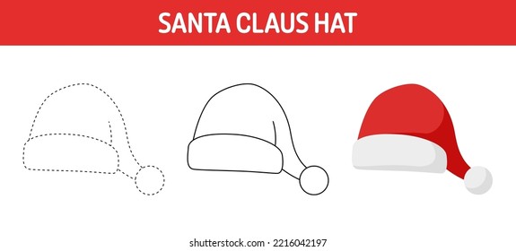 Santa Hat tracing and coloring worksheet for kids