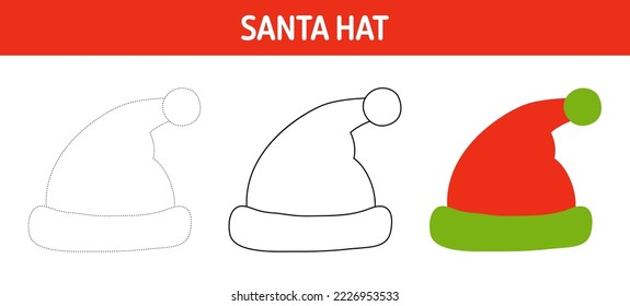 Santa Hat tracing and coloring worksheet for kids