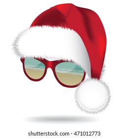 Santa hat with tropical beach sunglasses. EPS 10 vector.