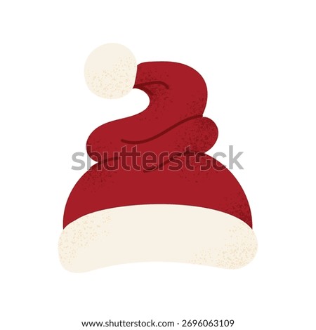 Santa hat twisted shape. Red and white Christmas cap with pompom. Flat vector illustration isolated on white background.