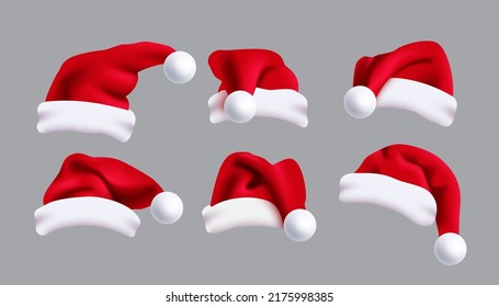 Santa hat vector set design. Santa claus 3d christmas cap elements collection in different angle and fold for xmas costume decoration. Vector illustration.
