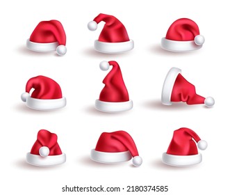 Santa hat vector set design. Santa claus 3d christmas cap elements collection for xmas winter wear head dress decoration. Vector illustration.
