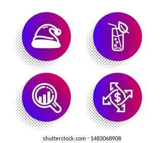 Santa hat, Water glass and Seo analysis icons simple set. Halftone dots button. Payment exchange sign. Christmas, Soda drink, Targeting chart. Money transfer. Business set. Vector