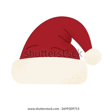Santa hat with white trim. Classic red Christmas hat with pompom. Flat vector illustration isolated on white background.