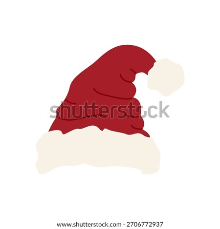 Santa hat with white trim. Classic red Christmas hat with a pom-pom. Flat vector illustration on a white background.