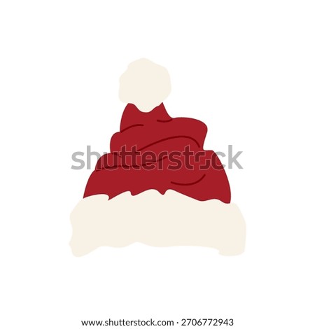 Santa hat with white trim. Classic red Christmas hat with a pom-pom. Flat vector illustration on a white background.