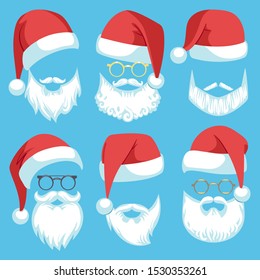 Santa hats and beards. Christmas elements white mustache, beard and glasses, claus red hat, winter holiday clothes cartoon vector bearded man costume set