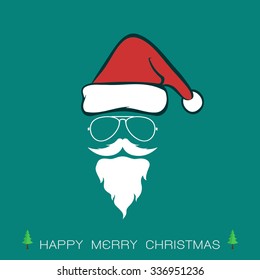 Santa hats and beards and eyeglasses on blue background. Christmas icon