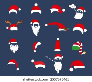 Santa hats with beards, with horns. Masks for Christmas design. A set of hats. Vector illustration	