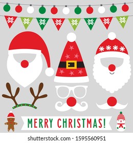Santa hats, beards, mustache and deer horns, Christmas vector set