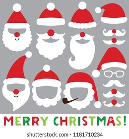 Santa hats, beards and mustaches, vector Christmas photo booth props