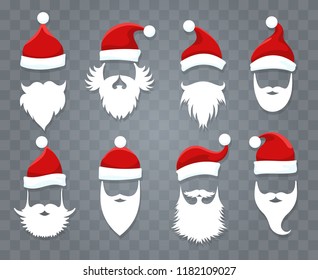 Santa hats and beards. Vector santa xmas face with hat or cap and christmas beard