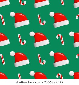 Santa hats and candy canes seamless pattern on a green background. Christmas background with funny Santa Claus caps and mint striped candy canes in vibrant colors. Cartoon style with 3d effect.