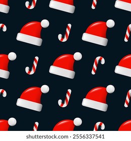 Santa hats and candy canes seamless pattern on a dark background. Christmas background with Santa Claus caps and mint striped candy canes. Cartoon style with 3d effect.