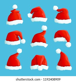 Santa hats. Cartoon christmas costume caps with fur. Santa claus hat vector set. Illustration of cap santa claus, costume holiday christmas