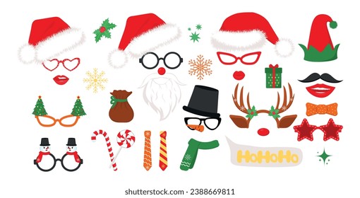 Santa hats, elf and snowman, reindeer antlers, glasses. Set of New Year cliparts. Props for Christmas photo booth. Vector illustration. Handmade illustration, not AI